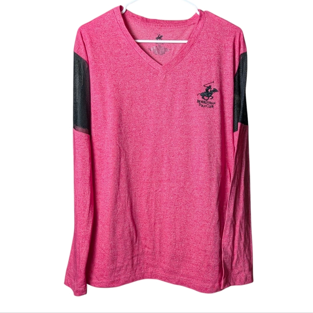 Beverly Hills Polo Club Pink Womens Top Black Mesh Long Sleeves V Neck Like New